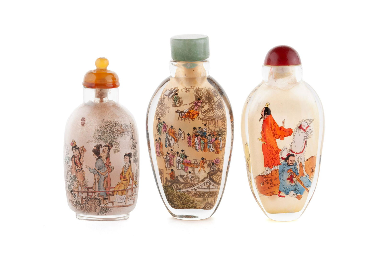 THREE REVERSE-PAINTED GENRE SCENE SNUFF BOTTLES (1 of 8)