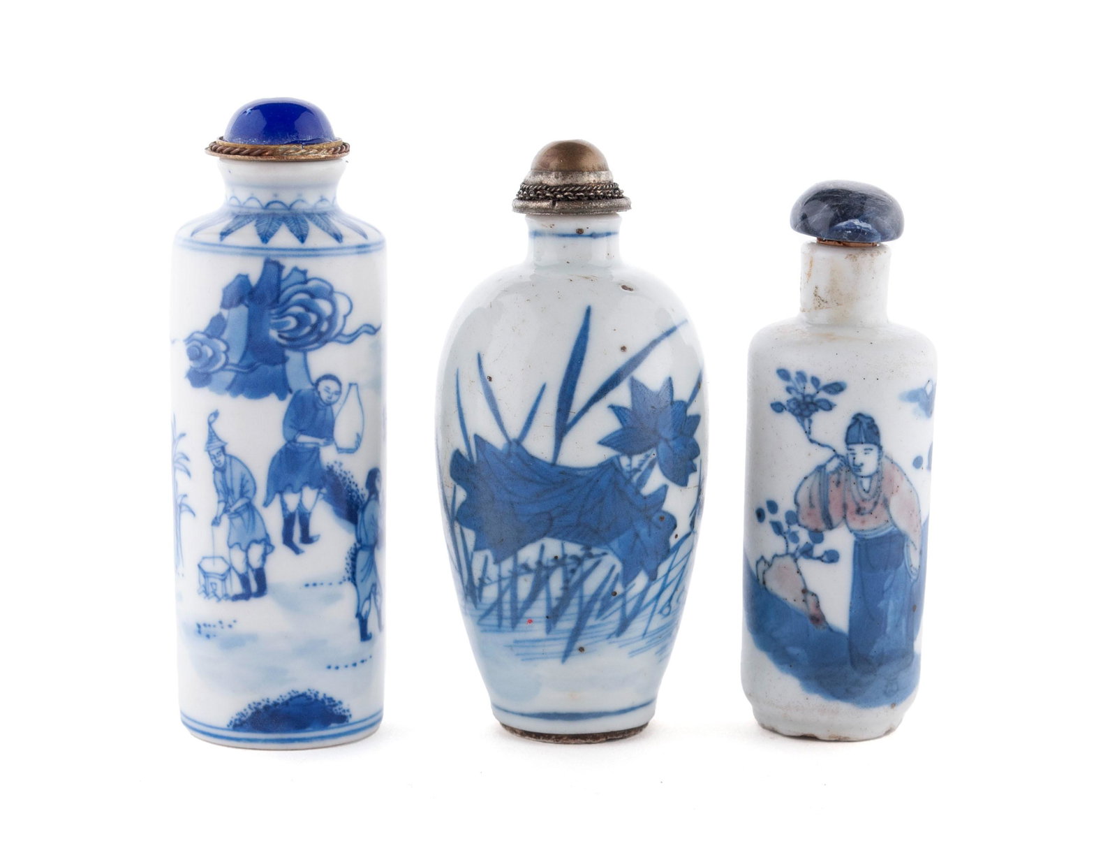 THREE BLUE AND WHITE PORCELAIN SNUFF BOTTLES: THREE BLUE AND WHITE PORCELAIN SNUFF BOTTLES Chinese, 19th to early 20th century, porcelain. Each painted in blue underglaze on white, one of crane in lotus pond, the stopper of brass with metal spoon
