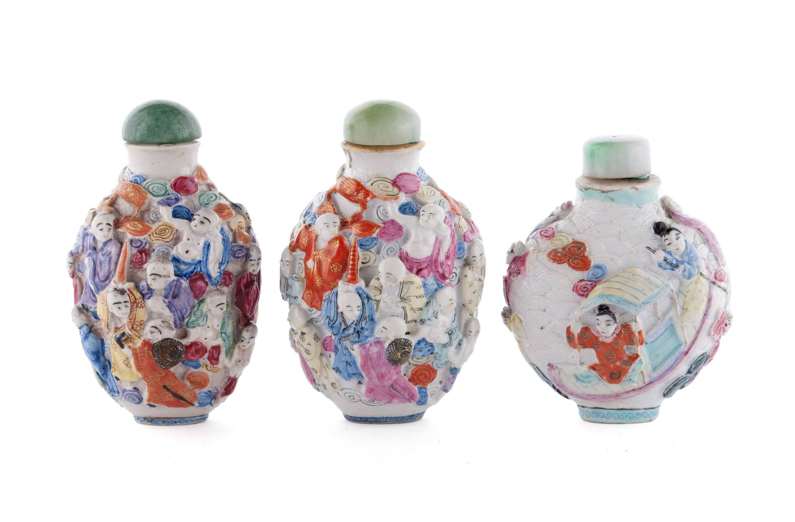 THREE FAMILLE ROSE 'LUOHAN' MOLDED RELIEF SNUFF BOTTLES (1 of 7)