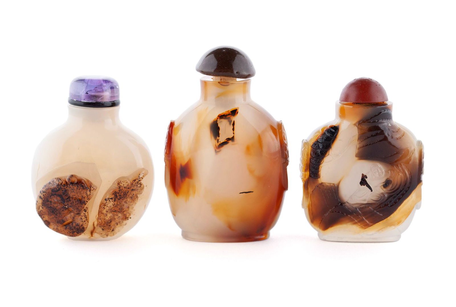 THREE CARVED SHADOW AGATE SNUFF BOTTLES (1 of 8)