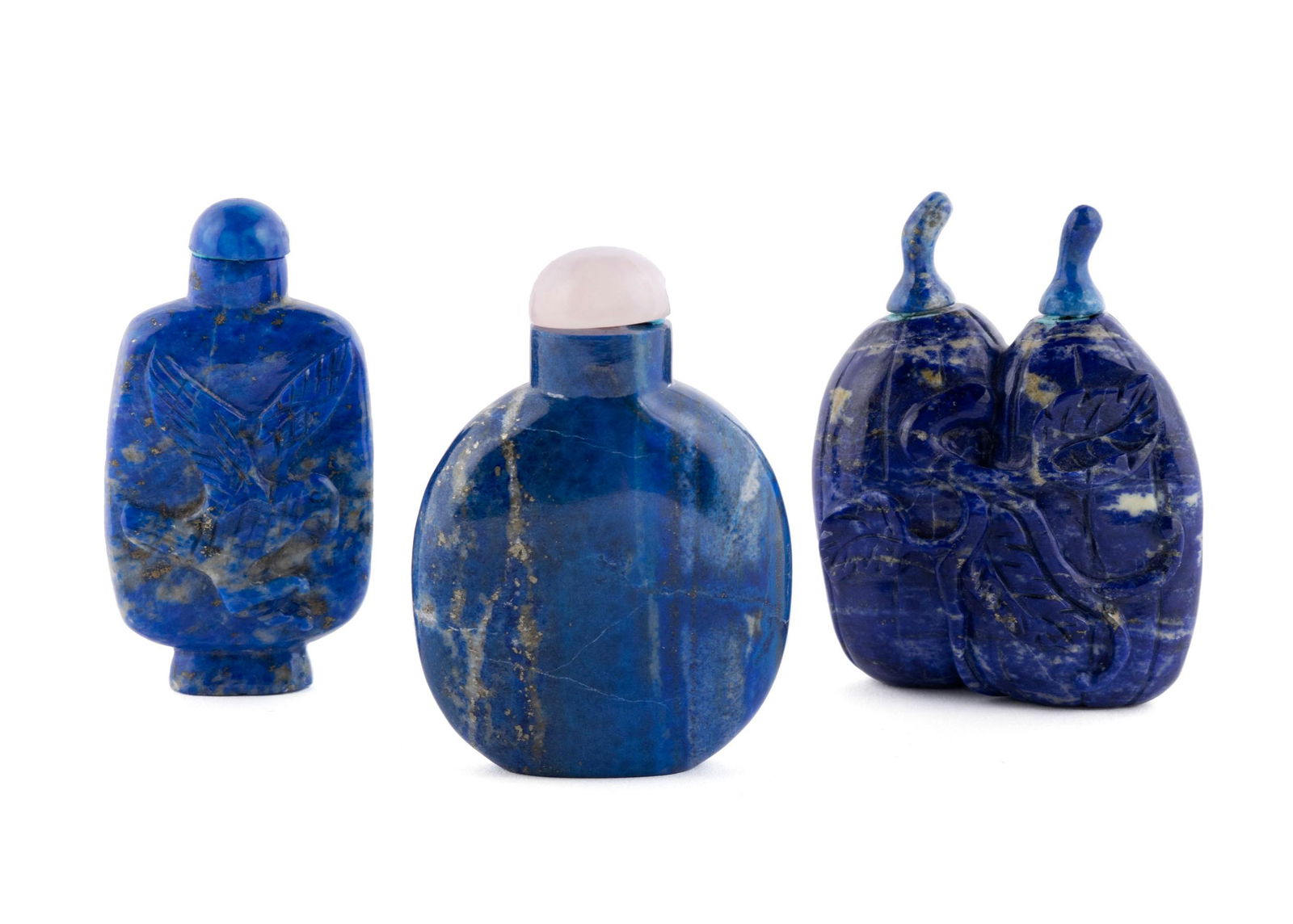 THREE LAPIS LAZULI CARVED SNUFF BOTTLES (1 of 6)