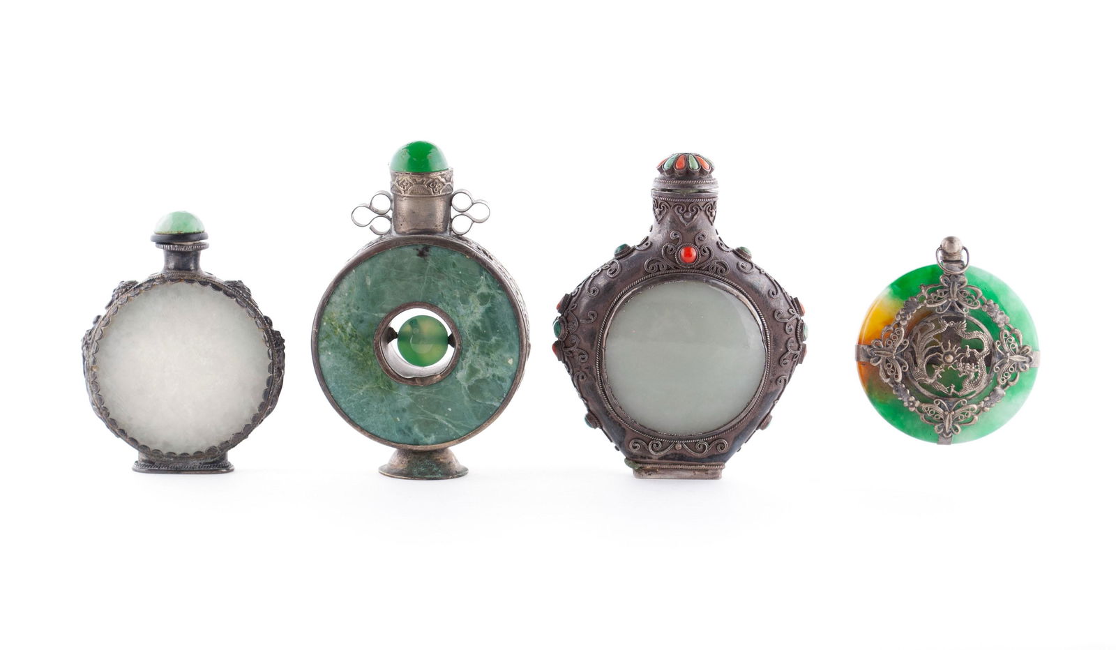 FOUR JADEITE AND METAL OVERLAY SNUFF BOTTLES (1 of 9)