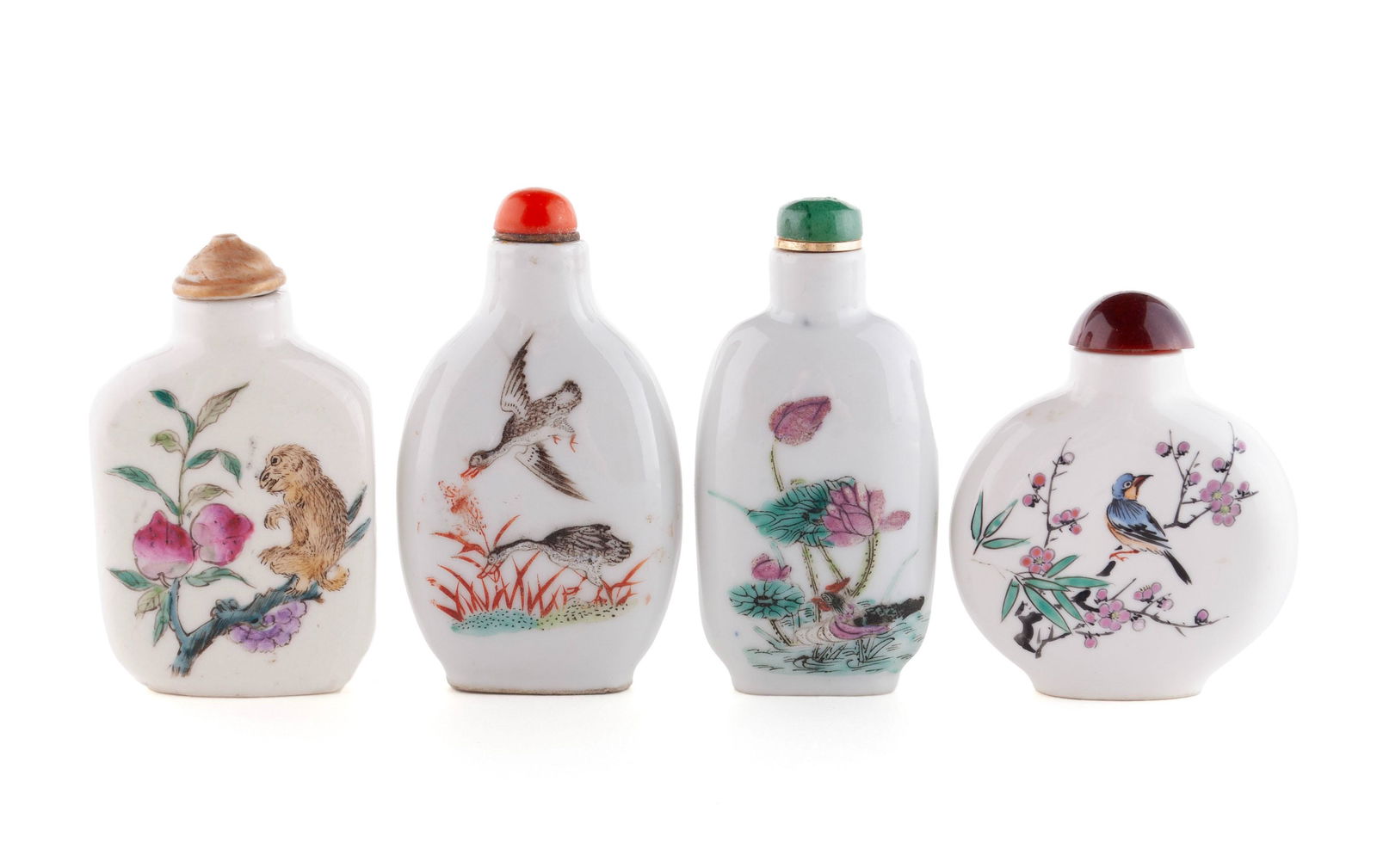 FOUR ANIMAL ENAMELED PORCELAIN SNUFF BOTTLES (1 of 8)