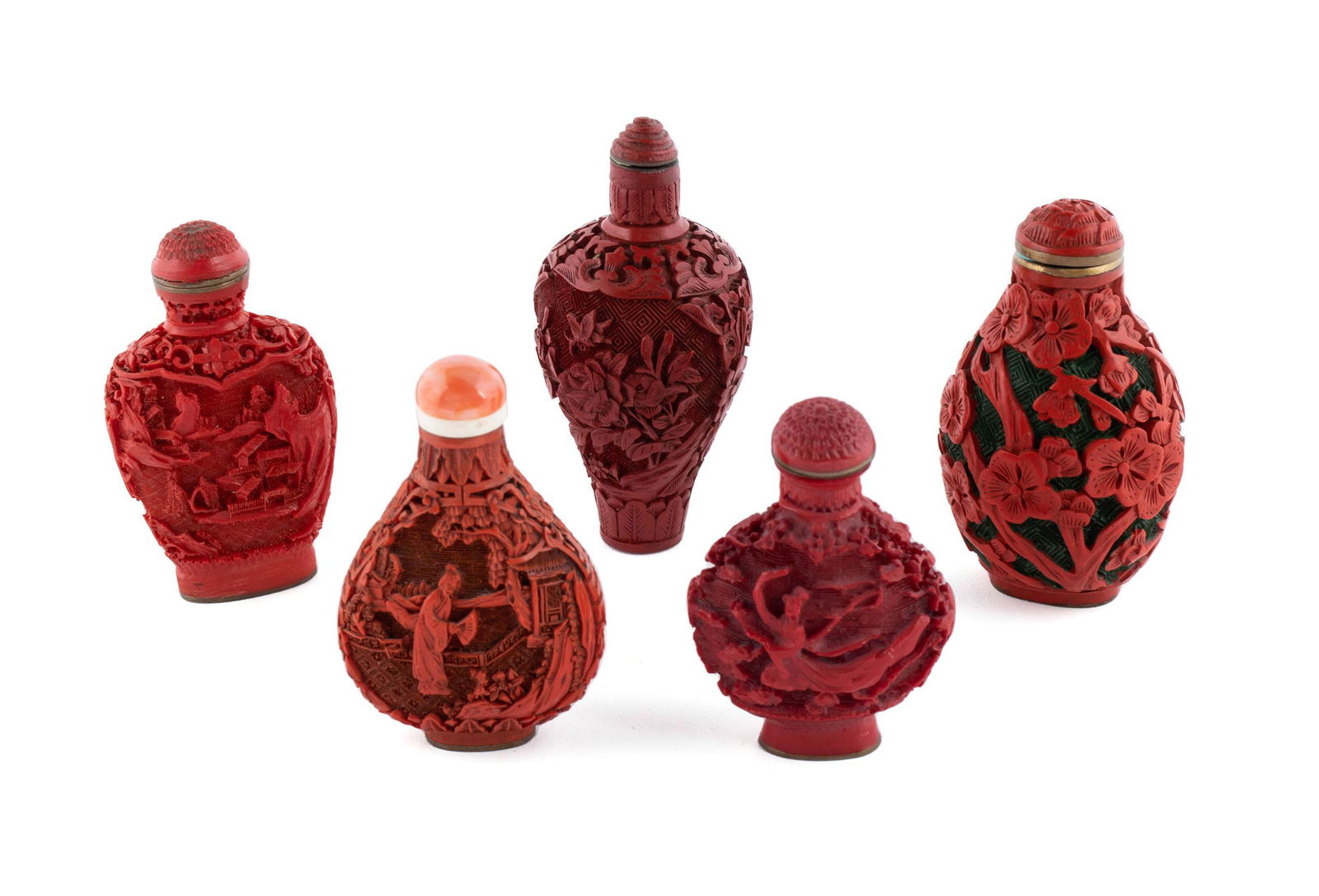 FIVE RED LACQUER SNUFF BOTTLES (1 of 9)