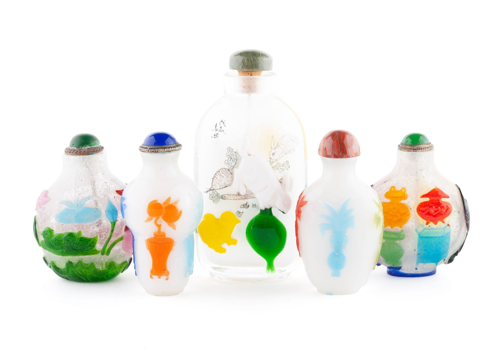 FIVE MULTI-COLOR OVERLAY GLASS SNUFF BOTTLES (1 of 20)