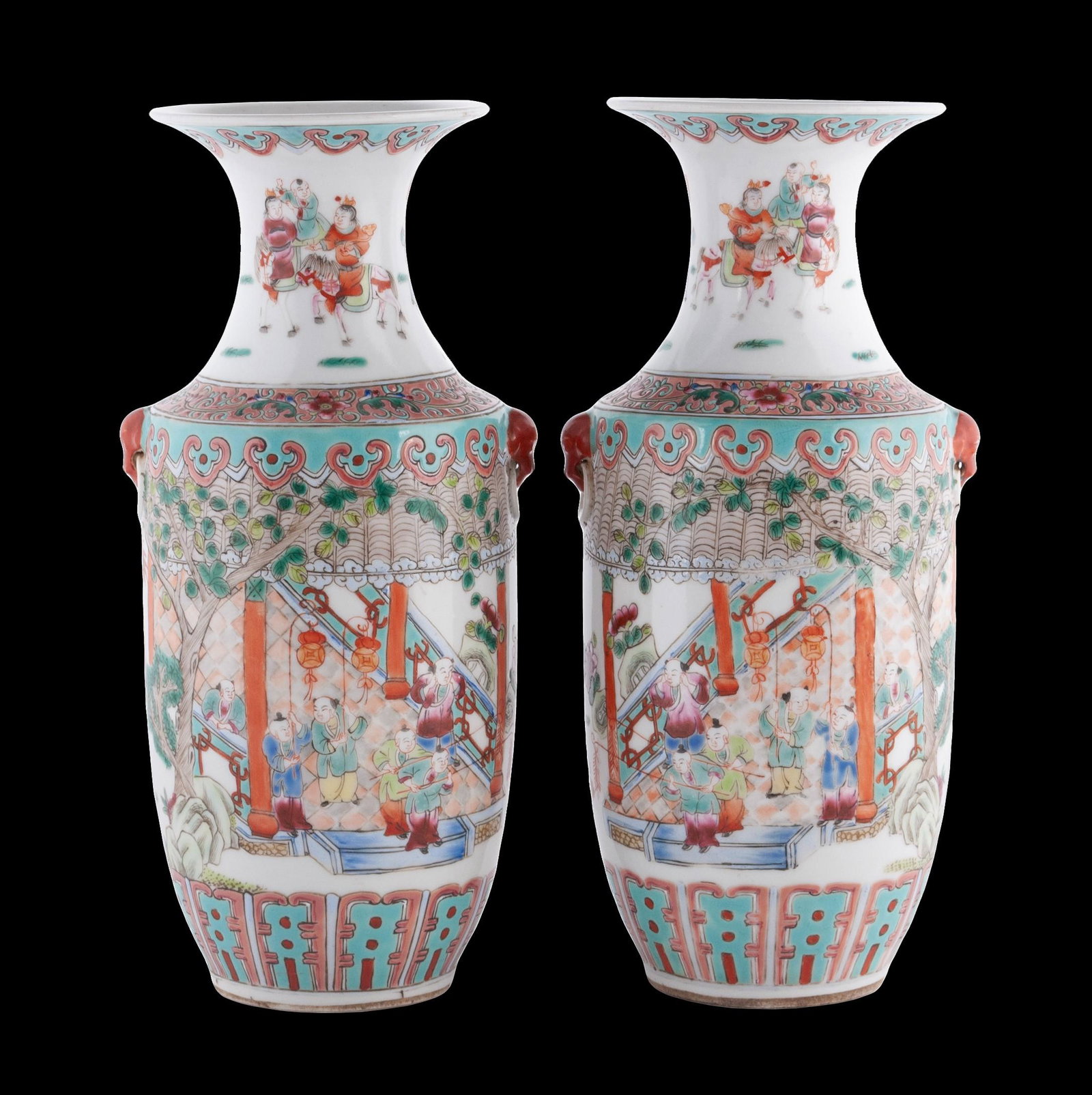 PAIR OF GUANGXU FAMILLE VERTE PORCELAIN VASES: PAIR OF GUANGXU FAMILLE VERTE PORCELAIN VASES Chinese, late 19th/early 20th century, porcelain. Each featuring a "Hundred Children" design in parade with dragon chasing ball, lingzhi and mas
