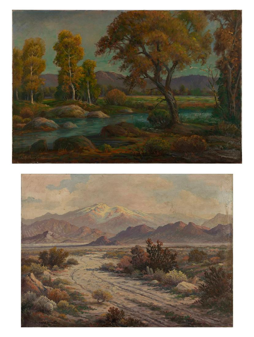 JOHN ANTHONY CONNER (AMERICAN, 1892-1971): John Anthony ConnerAmerican, 1892-1971Desert Road & Untitled LandscapeOil on canvas, each signedThe first a southwestern landscape, a vacant desert road leading to a mountain range, inscribed Desert R