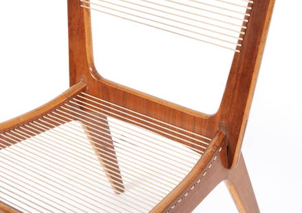 JACQUES GUILLON CORD CHAIR: JACQUES GUILLON CORD CHAIRCanadian, ca. 1950s, wood and nylon. Blonde wood frame with nylon string cording to seat and back.33 x 25 x 19 in. (83.8 x 63.5 x 48.3 cm.)