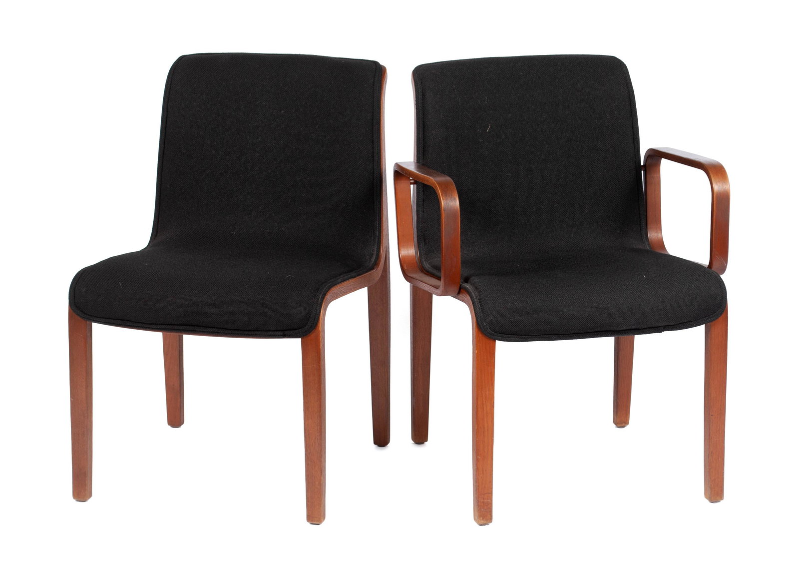 FOUR BILL STEPHENS FOR KNOLL INTERNATIONAL CHAIRS: FOUR BILL STEPHENS FOR KNOLL INTERNATIONAL CHAIRSAmerican, mid-20th century, with Knoll International tags to underside. Two 1305 armchairs and two side chairs, all with black fabric upholstery.Armcha