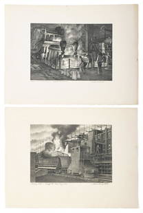 JACKSON LEE NESBITT (AMERICAN (MISSOURI), 1913-2008): Jackson Lee NesbittAmerican (Missouri), 1913-2008Tapping a Heat-Electric Furnace and Pushing CokeLithographs, signed and titled in the plateTwo scenes from Sheffield Steel Corporation of men at work