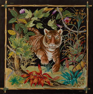 FRAMED GUCCI SILK SCARF: FRAMED GUCCI SILK SCARFItalian, 1970s, silk. The design of a tiger leaping through jungle surrounded by flowers and foliage with bamboo perimeter, Gucci logos to two corners, behind glass and framed.3