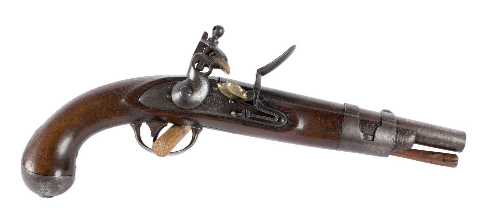 SIMEON NORTH U. S. MODEL 1816 FLINTLOCK PISTOL: SIMEON NORTH U. S. MODEL 1816 FLINTLOCK PISTOLThe .54 cal. barrel stamped "P" over "US" to the left, with inspector initials "RJ" (inspector Robert Johnson) impressed jus