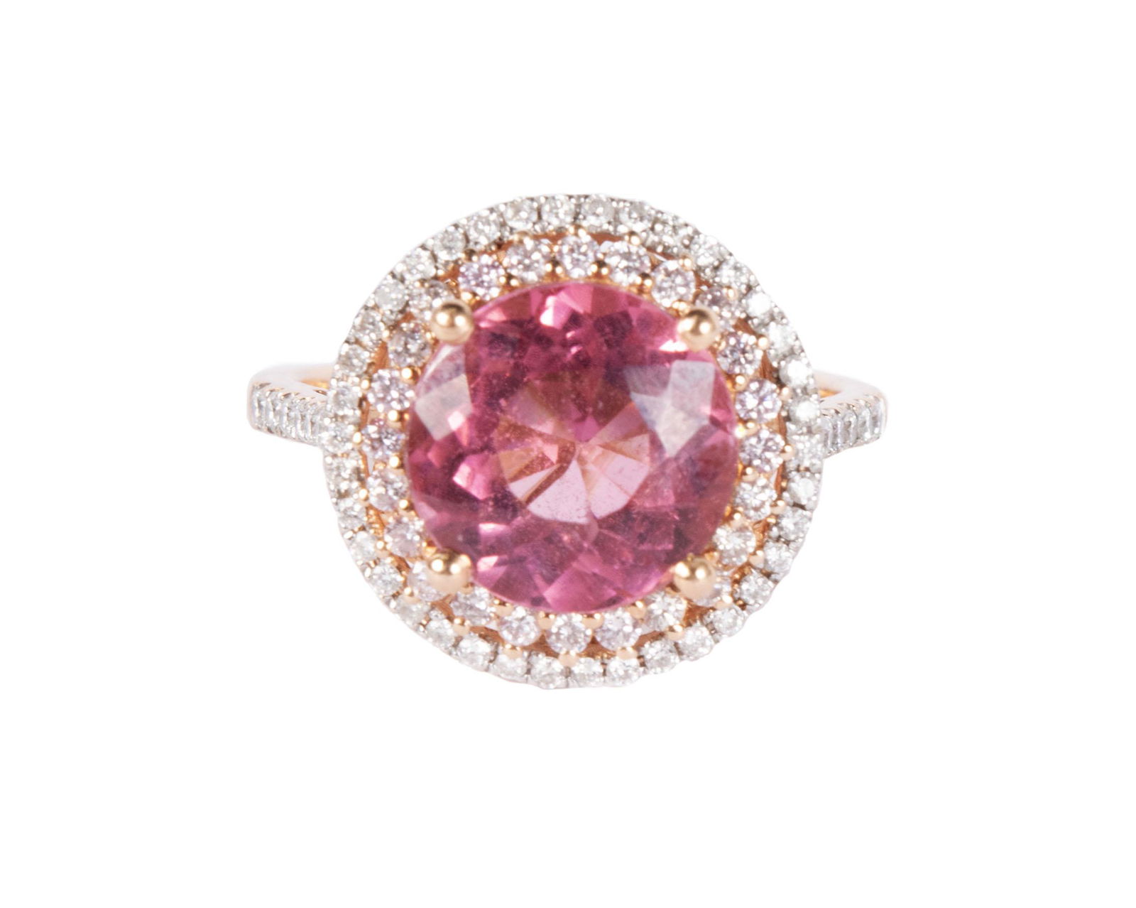 ROSE GOLD PINK TOURMALINE AND DIAMOND DOUBLE HALO RING (1 of 8)