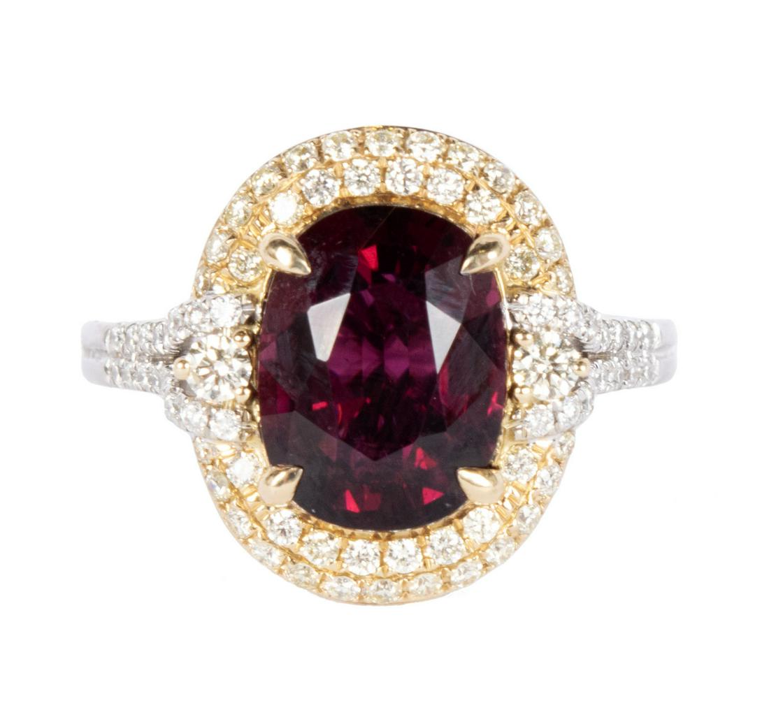 GOLD, RUBELLITE TOURMALINE, DIAMOND HALO RING (1 of 8)