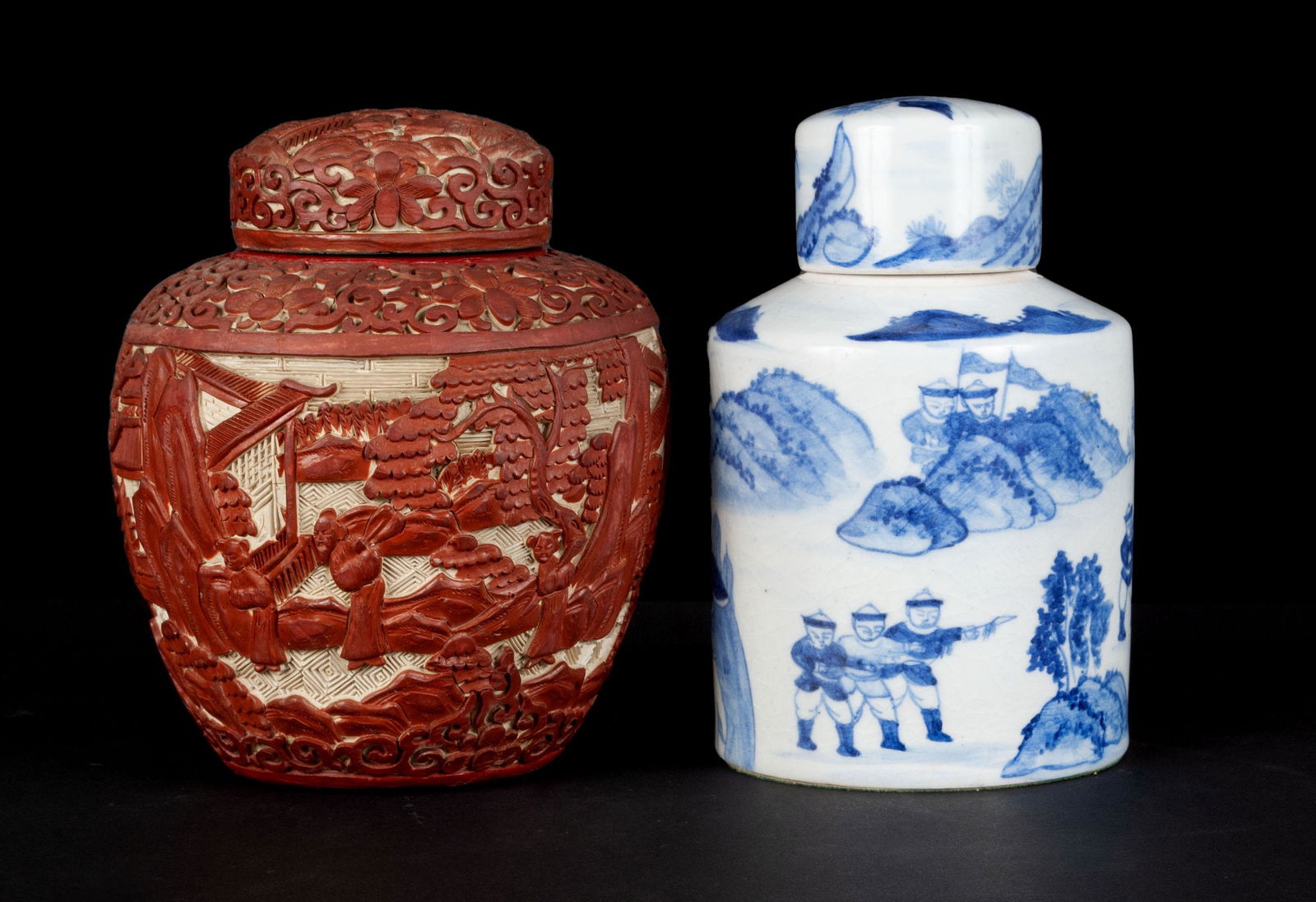 CINNABAR GINGER JAR AND BLUE AND WHITE LIDDED PORCELAIN JAR (1 of 6)