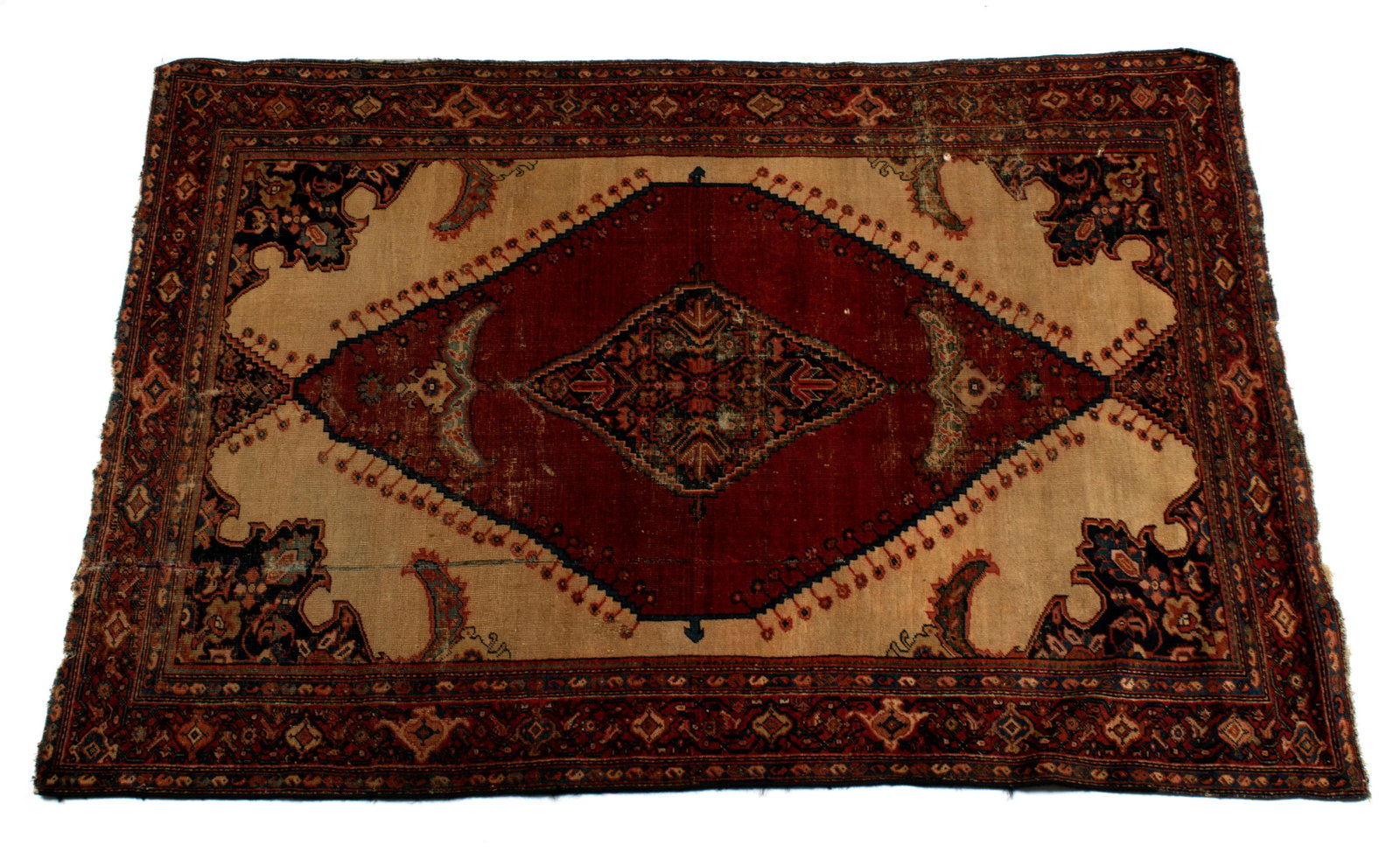 FARAHAN PERSIAN AREA RUG: FARAHAN PERSIAN AREA RUG Persian, 20th century. Blue central medallion to open red diamond field inside an open ivory field with navy corners and red border and two guard borders, floral motive throug