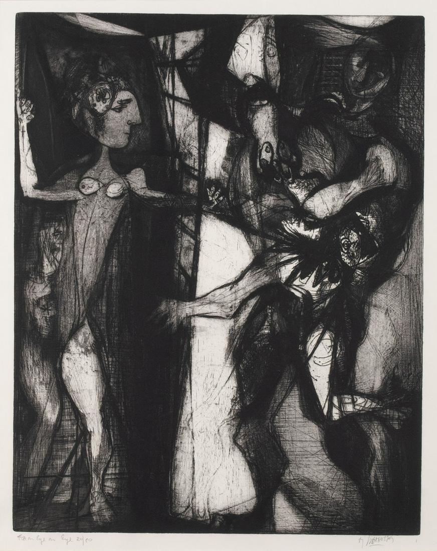 MAURICIO LASANSKY (ARGENTINIAN, 1914-2012): Mauricio LasanskyArgentinian, 1914-2012For an Eye an Eye #1Intaglio, signed lower right, titled, edition 20/50Cubist scene of nude figures in altercation, set behind glass and framed.Between 19