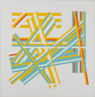 KENNETH MARTIN (ENGLISH, 1905-1984): Kenneth MartinEnglish, 1905-1984Chance and Order, 1972Silkscreen, signed, dated, and AP lower rightArtist's proof constructivist abstract of yellow, aqua, and red, set behind glass and framed.Frame: