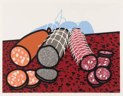 PATRICK CAULFIELD (ENGLISH, 1936-2005): Patrick Caulfield English, 1936-2005 Three Sausages Silkscreen, signed, edition 28/75 A trio of sliced sausages on a table, set behind glass and framed. Plate: 21 1/4 x 27 7/8 in. (54 x 70.8 cm.),