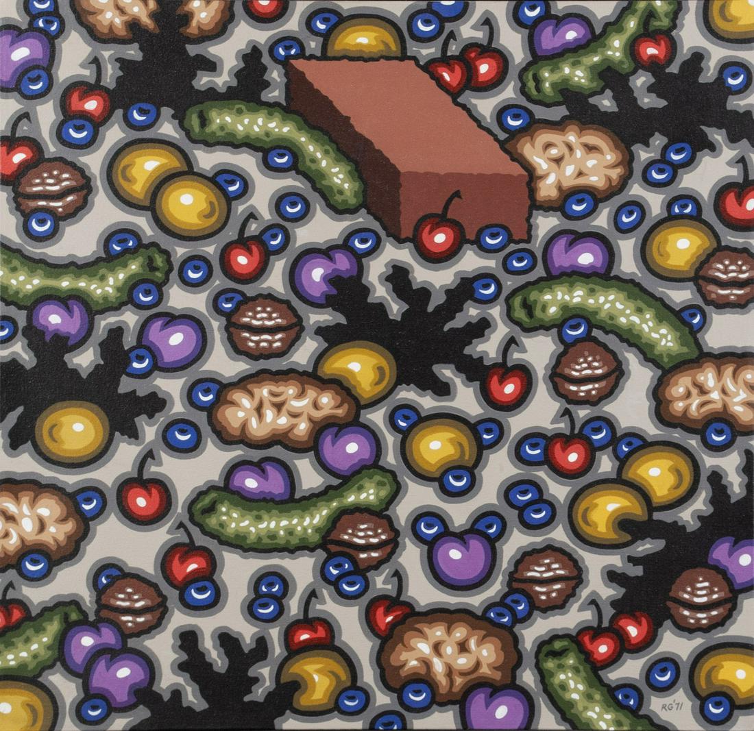 ROBERT GORDY (AMERICAN, 1933-1986): Robert GordyAmerican, 1933-1986Still Life with Brick, 1971Acrylic on canvas, signed and dated lower rightThe brick in a field of small fruits and nuts, framed.Stretcher: 28 1/2 x 29 3/4 in. (72.4 x 7