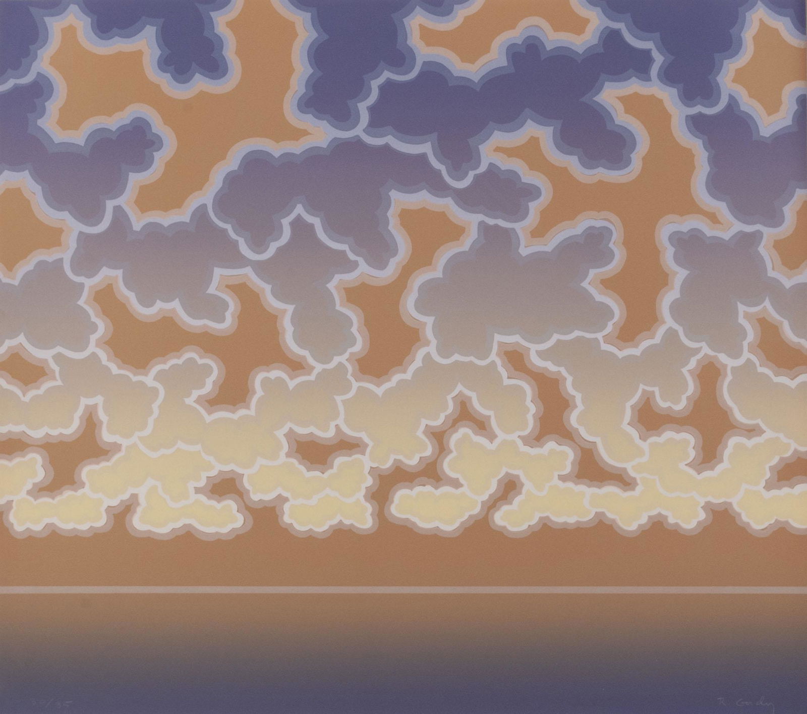 ROBERT GORDY (AMERICAN, 1933-1986): Robert GordyAmerican, 1933-1986Clouds and Sea (Day)Lithograph, signed lower right, edition 30/35Coastal landscape, the water still below a clouded sky.Sheet: 28 1/4 x 31 3/4 in. (71.8 x 80.6 cm.), fr