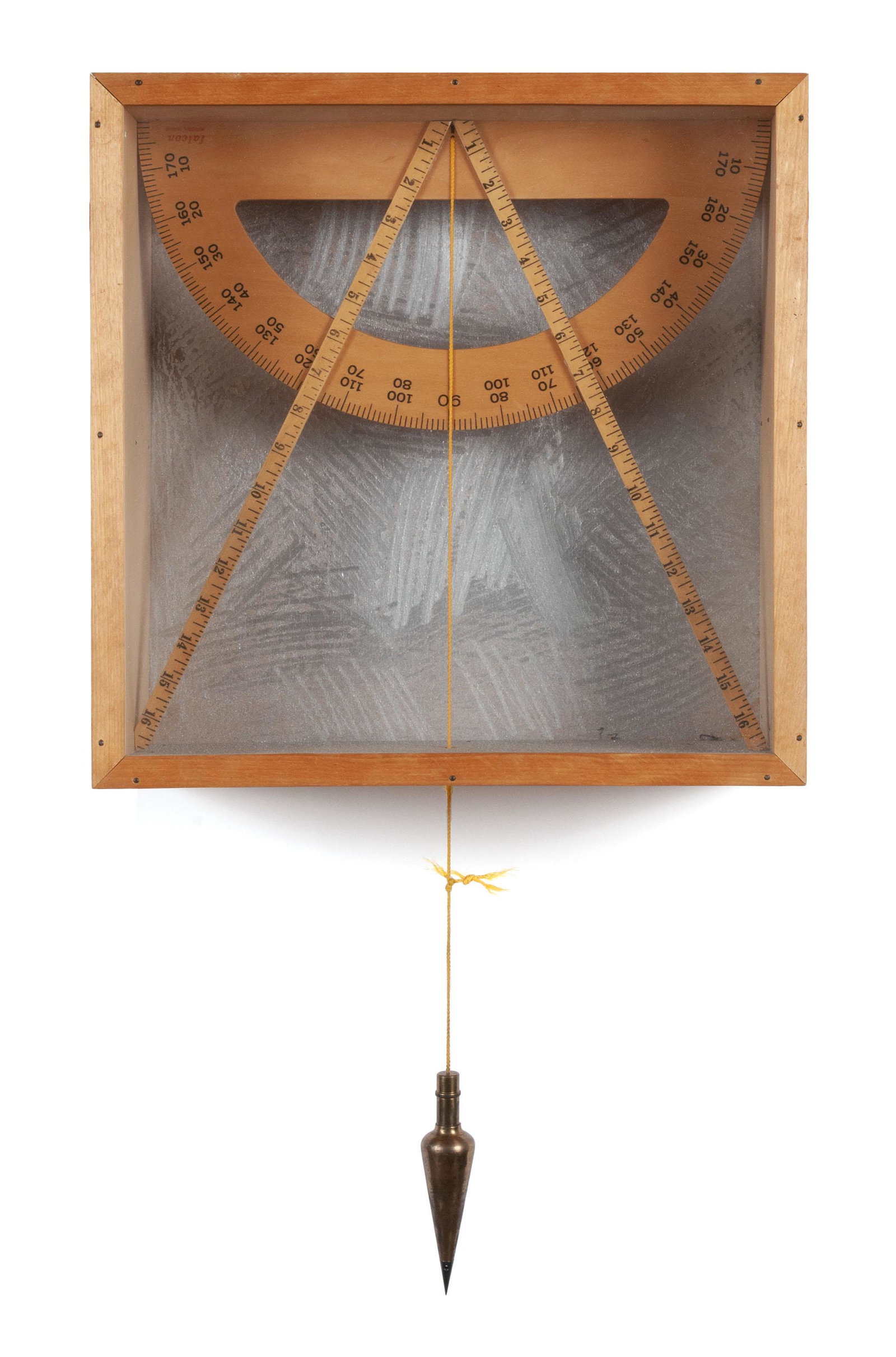 YURI (GEORGE) SCHWEBLER (YUGOSLAVIAN/AMERICAN, 1942-1990): Yuri (George) Schwebler Yugoslavian/American, 1942-1990 Protractor Box Mixed media shadow box, signed, titled, and dated 1977 to verso A bronze plumb bob held suspended by a length of cord between len