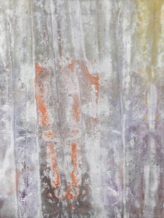 SAM GILLIAM (AMERICAN, 1933-2022): Sam GilliamAmerican, 1933-2022Orange SliceAcrylic and aluminum dust on molded canvasOrange, lavender, and green to the creased and paint-splattered canvas on bevel edge stretcher, titled to verso and