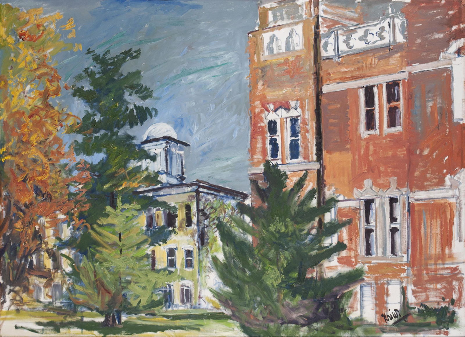 FRANZ KRIWANEK (AMERICAN, 1920-1994): Franz KriwanekAmerican, 1920-1994Old MainOil on canvas, signed lower rightPlein air view of the Old Main building on the campus of Iowa Wesleyan College, framed.49 1/2 x 65 3/4 in. (125.7 x 167 cm.)