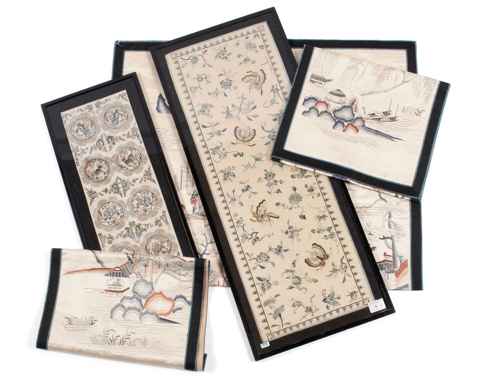 SIX QING DYNASTY SILK EMBROIDERED PANELS (1 of 16)