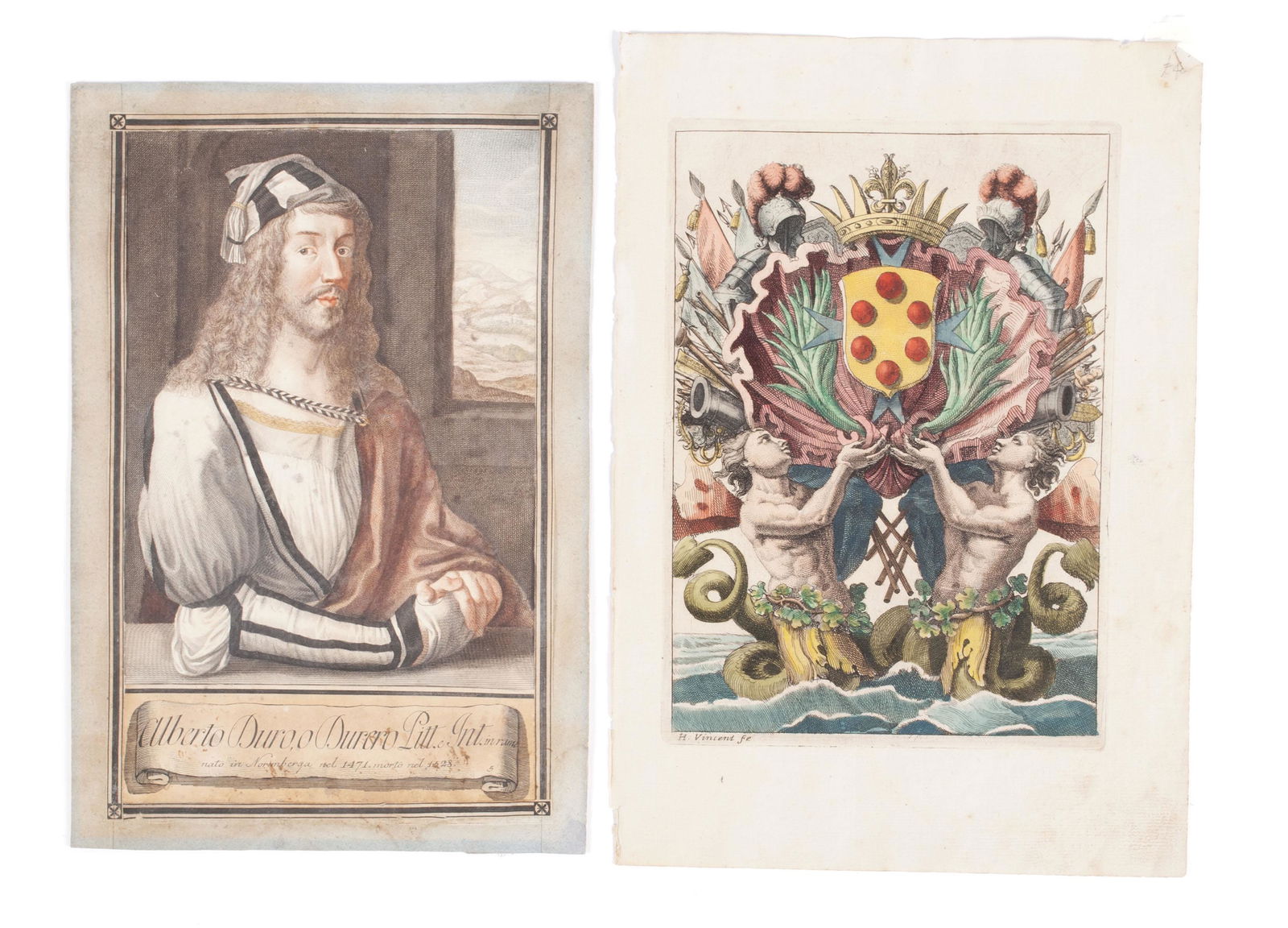 TWO 18TH C. HAND-COLORED ETCHINGS: TWO 18TH C. HAND-COLORED ETCHINGSItalian, 18th century, etching. A portrait of Albrecht Durer by Johann Martin Preisler after Giovanni Domenico Ferretti, c. 1740s, disassembled and reframed, laid agai