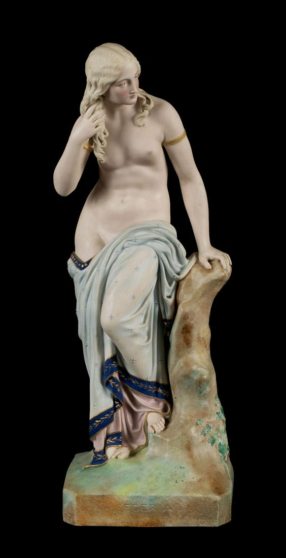 BISQUE FIGURE OF ECERIA: BISQUE FIGURE OF ECERIAContinental, mid-20th century, ceramic. The Amphora style figure with fallen gown, lightly colored, unmarked.22 1/4 in. (56.5 cm.)