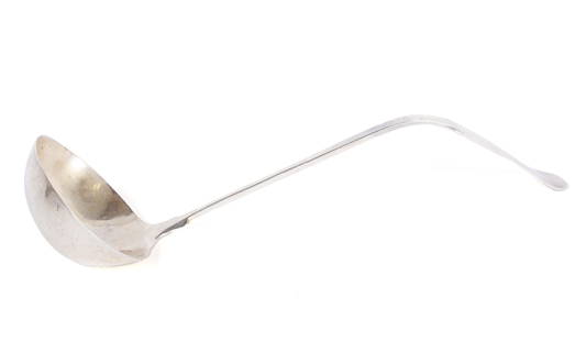 OLD NEWBURY CRAFTERS FIDDLEBACK LADLE: OLD NEWBURY CRAFTERS FIDDLEBACK LADLEAmerican, 20th century, sterling silver. Angled handle with wide bowl, monogrammed to the handle.13 in. (33 cm.). 240 grams