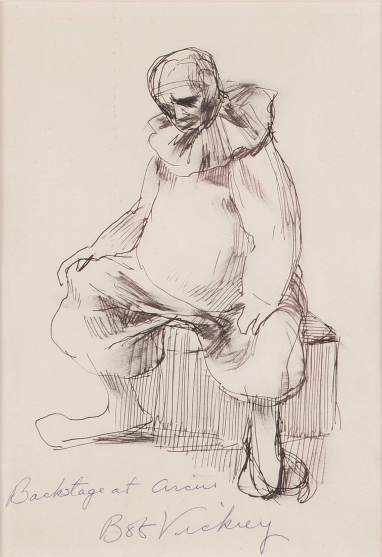 ROBERT REMSEN VICKREY (AMERICAN, 1926-2011): Robert Remsen VickreyAmerican, 1926-2011Backstage at CircusInk, graphite on paper, signed in inkPortrait of a seated clown in Pierrot costume, inscribed below, set behind glass and framed.Sight: 10 x