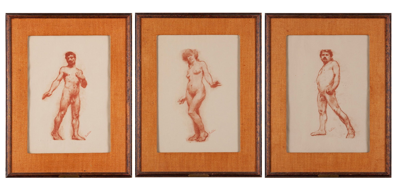 GUSTAV GOETSCH (AMERICAN, 1877-1969): Gustav Goetsch American (Missouri), 1877-1969 Three Nudes Prints, each hand signed Two male and one female full body nude figure drawings, identically framed. Sight: 16 3/4 x 11 3/4 in. (42.5 x 29.8 c
