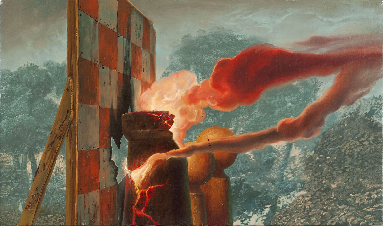 SAMUEL BAK (LITHUANIAN-AMERICAN, B. 1933): Samuel BakLithuanian-American, b. 1933UntitledOil on canvas, signed lower leftA tower and chess pieces afire beside a checked wooden stanchion in a forest, mounted in a cloth and gilt frame. Label to