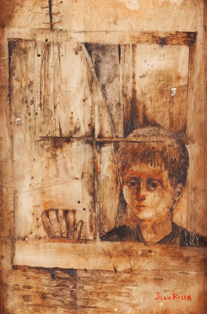 JOAN ROSEN (AMERICAN, 20TH C.): Joan Rosen American, 20th century Boy at Window Oil or acrylic on board, signed lower right A young boy at a small window, in black and sepia tones with sgraffito work, framed. Sight: 11 1/2 x 7 3/4 i