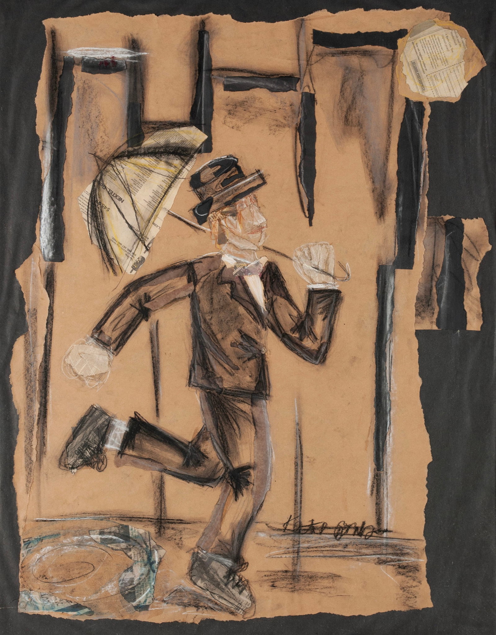 CHARCOAL RENDITION OF "SINGING IN THE RAIN": CHARCOAL RENDITION OF "SINGING IN THE RAIN" Charcoal and pastel with collage, signed. Gene Kelly rendition in naive style with accents of newspaper collage, set behind glass and framed. 40 1