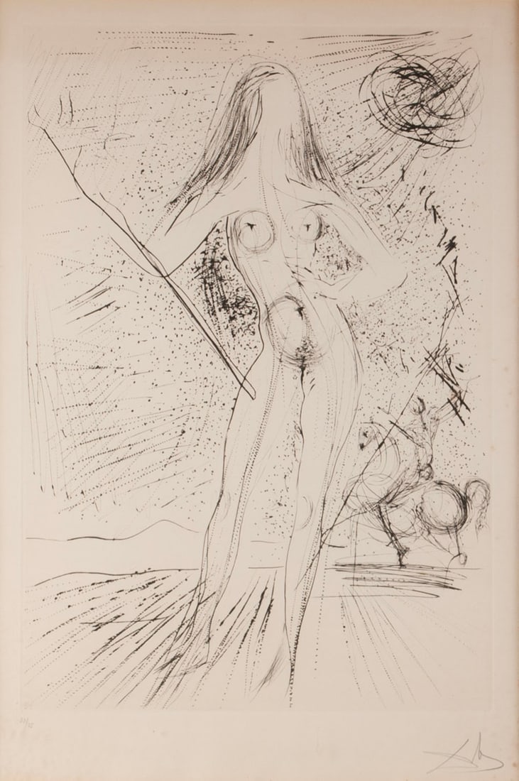 SALVADOR DALI (FRENCH/SPANISH, 1904-1989): Salvador DaliFrench/Spanish, 1904-1989Venus of the Constellations, 1975Drypoint with roulette, signed in graphite, edition 33/75The nude female figure upright before a field of stars and equestrian fi