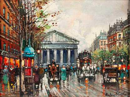 IN THE MANNER OF ANTOINE BLANCHARD: IN THE MANNER OF ANTOINE BLANCHARDOil on canvas, signed "Antoine Blanchard". A busy market scene with horse drawn carriages and figures, with a view of Rue Royal Madeleine, framed.Stretcher: