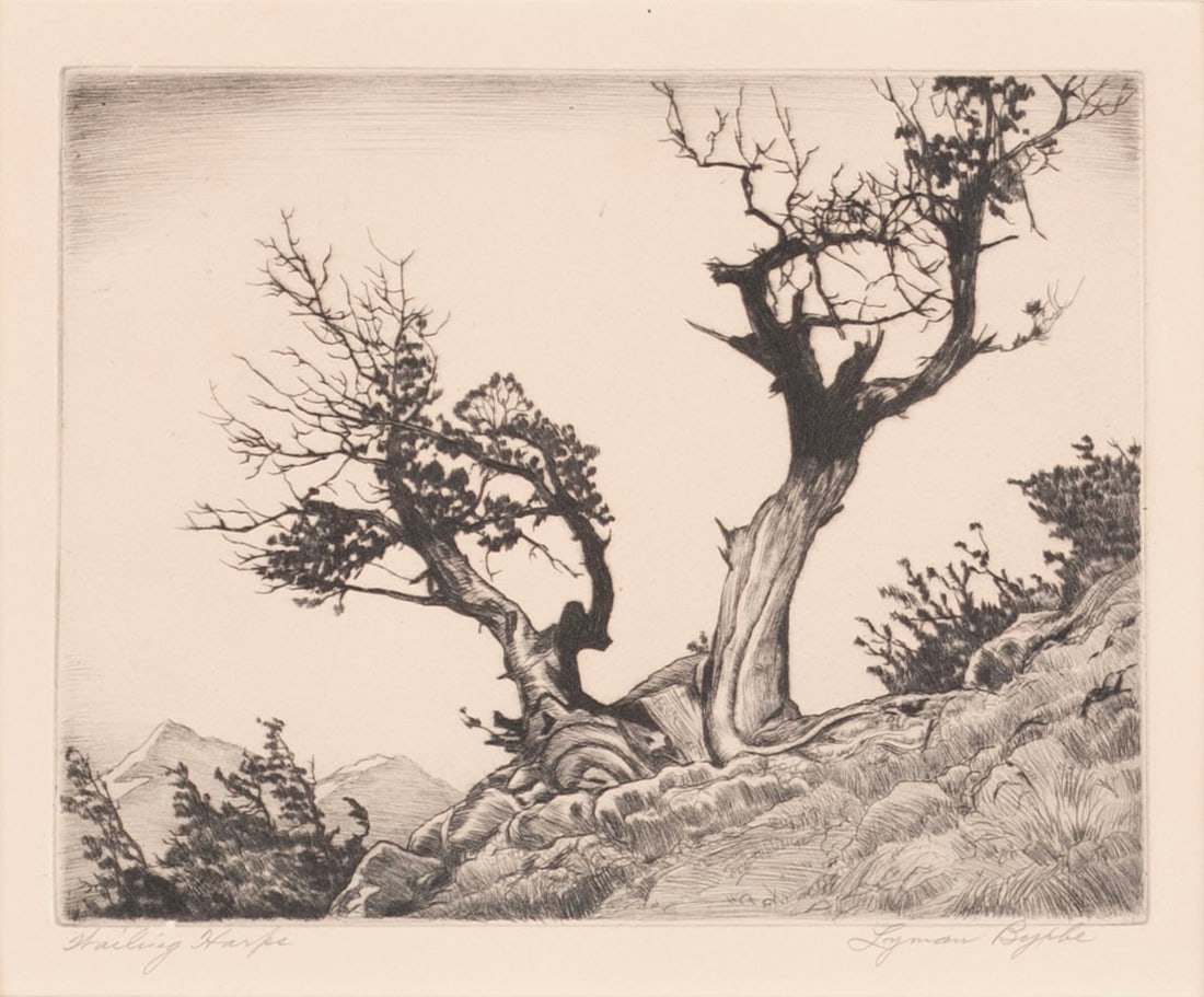 LYMAN BYXBE (AMERICAN, 1886-1980): Lyman ByxbeAmerican, 1886-1980Wailing HarpsEtching, signed and titled in graphiteStylistic rendering of juniper trees in the Rocky Mountains, matted, unframed.Plate: 5 1/2 x 7 in. (14 x 17.8 cm.), ma