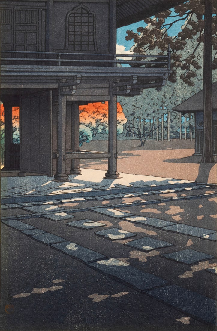 KAWASE HASUI (JAPANESE, 1883-1957): Kawase Hasui Japanese, 1883-1957 Heirin Temple, Nobidome, 1952 Woodblock, inscribed and stamped along left edge View from the Tokyo temple at dusk in rich color, unframed. Sheet: 15 1/2 x 10 1/2 in. (