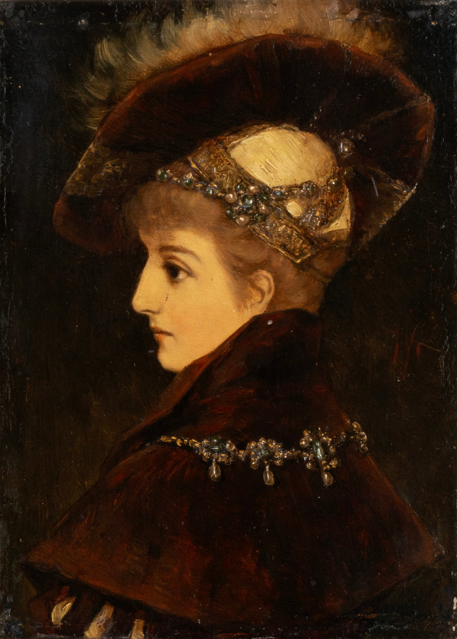 MORITZ STIFTER (AUSTRIAN, 1857-1905): Moritz StifterAustrian, 1857-1905PortraitOil on board, unsignedProfile of a young lady in feathered hat and heavily laden with pearls and jewels, unframed, label to verso from Hugo Arnot, Gemalde-Salo