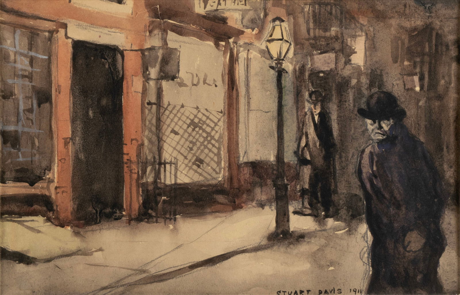 STUART DAVIS (AMERICAN, 1892-1964): Stuart DavisAmerican, 1892-1964Urban Scene, 1911Watercolor, signed and datedTwo men in coats and hats along a vacant street and streetlamp, matted behind glass and framed.Sight: 7 3/4 x 12 1/4 in. (19