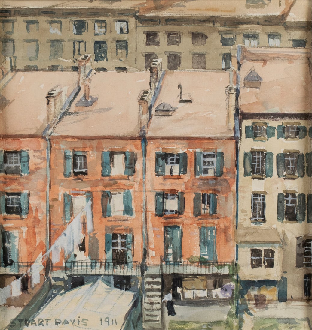 STUART DAVIS (AMERICAN, 1892-1964): Stuart DavisAmerican, 1892-1964Urban Scene, 1911Watercolor, signed and datedA row of attached buildings and laundry line viewed from above, matted behind glass and framed.Sight: 8 1/2 x 8 1/4 in. (21.