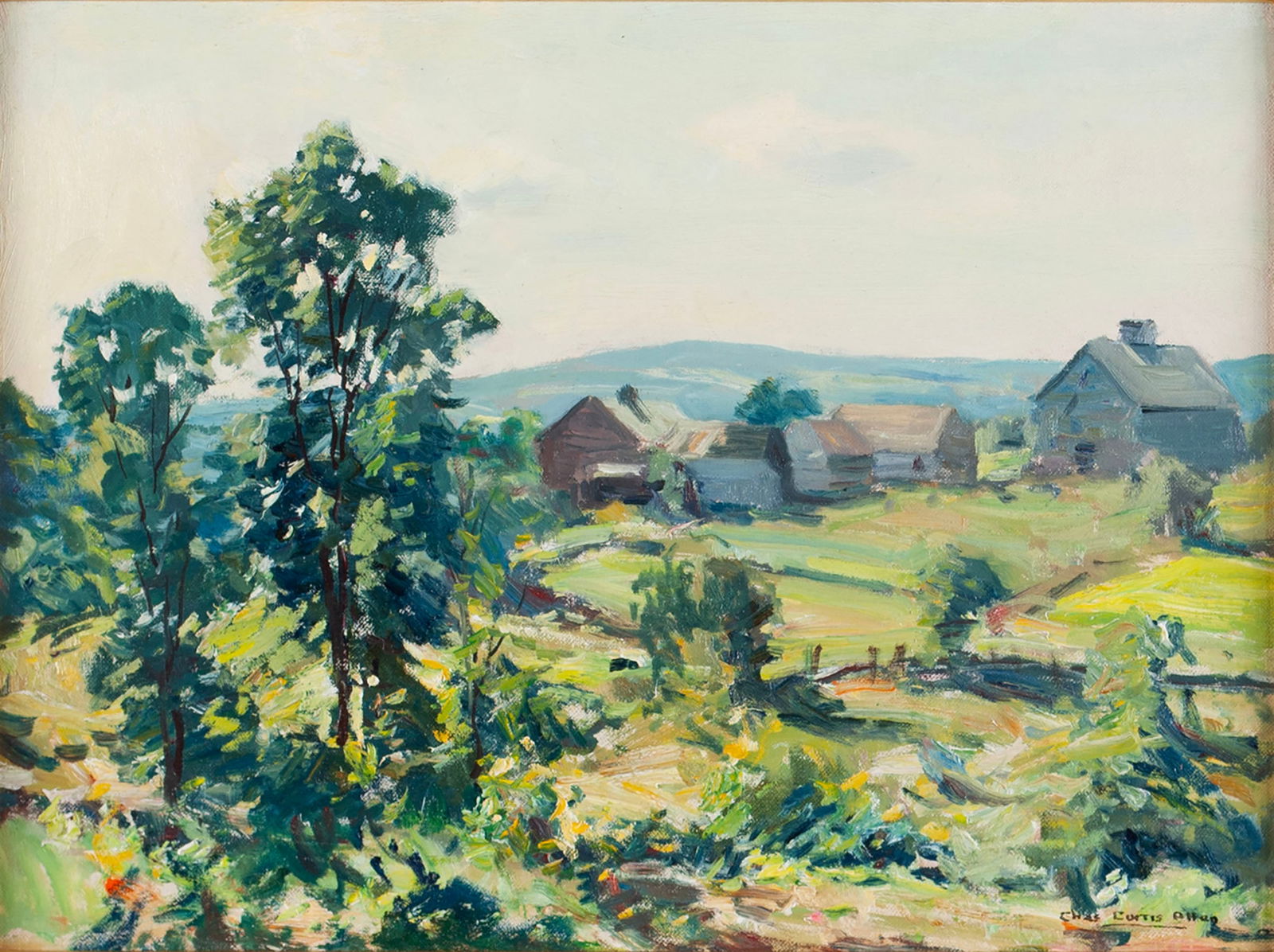 CHARLES CURTIS ALLEN (AMERICAN, 1886-1950): Charles Curtis AllenAmerican, 1886-1950UntitledOil on board, signedSummer farm landscape with trees and distant mountains, framed.Board: 12 x 16 in. (30.5 x 40.6 cm.), frame: 18 3/4 x 22 3/4 in. (47.6