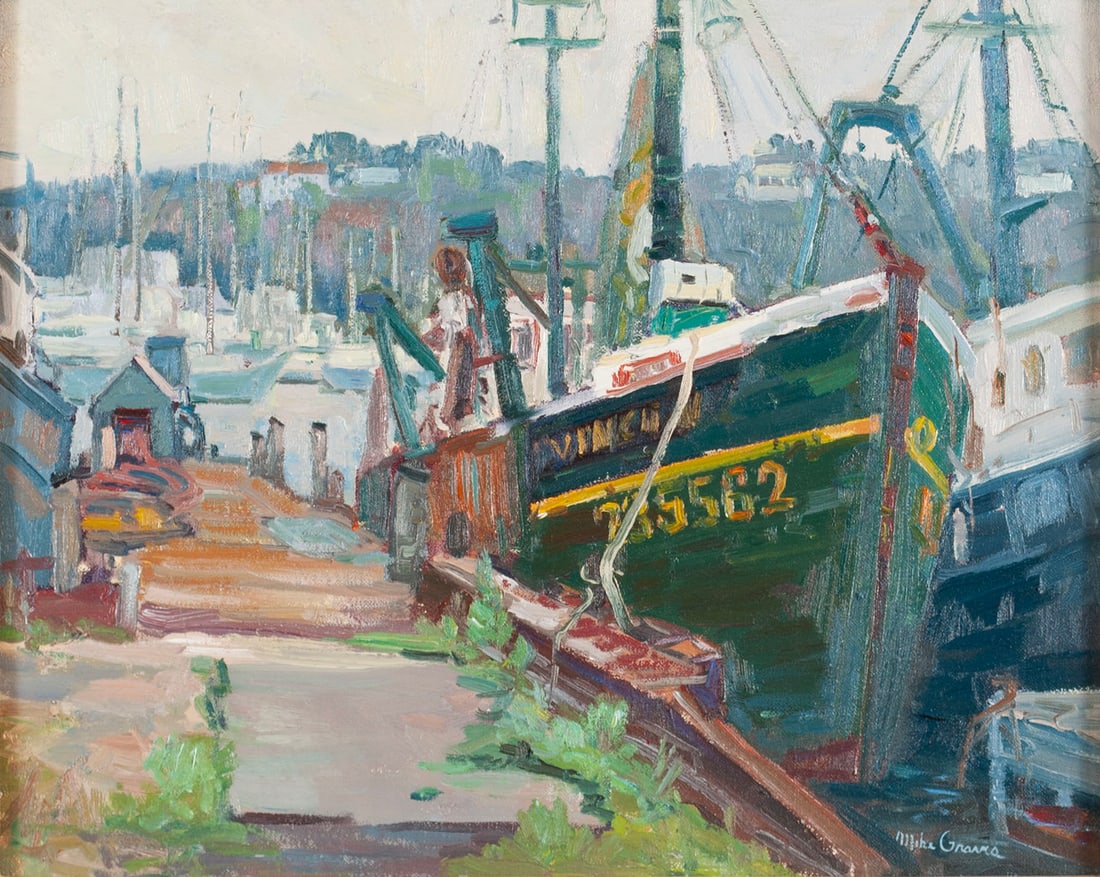 MICHAEL (MIKE) GRAVES (AMERICAN, B. 1952): Michael (Mike) Graves American, b. 1952 Trawler at Dock Oil on canvas, signed lower right A crowded river harbor viewed from the dock, gilt framed. Stretcher: 16 x 20 in. (40.6 x 50.8 cm.), frame: 22 