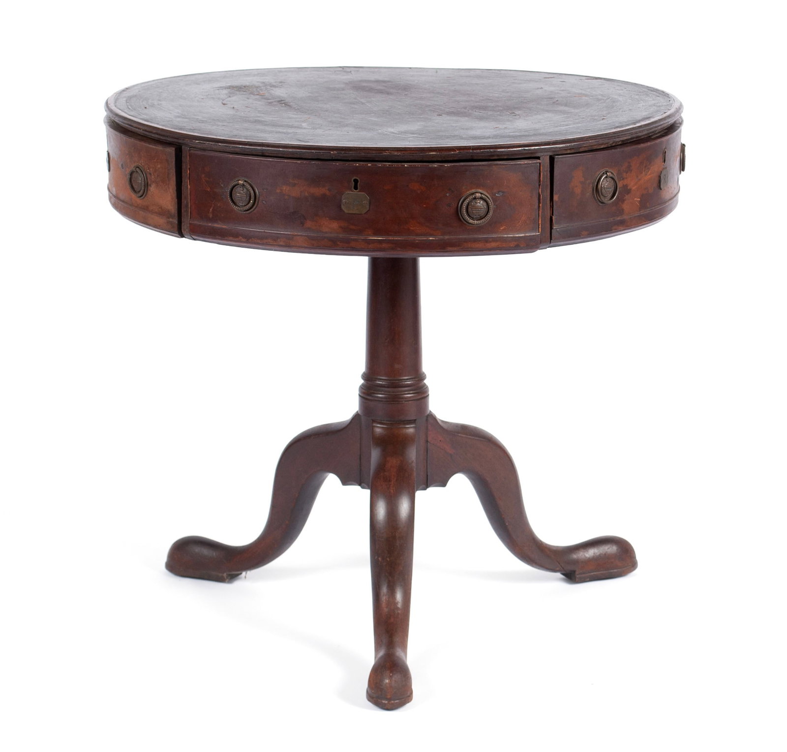 GEORGE III IRISH RENT TABLE: GEORGE III IRISH RENT TABLE Irish, second quarter 19th century, mahogany. Revolving, leather-inset top of five labeled drawers over the turned standard and three stout legs, terminating in hooved feet