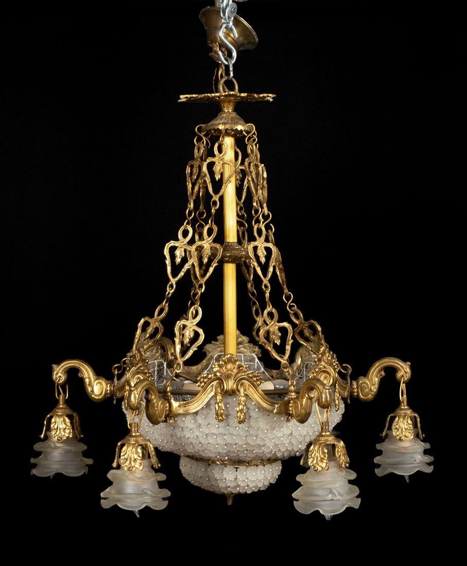NINE-LIGHT CHANDELIER: NINE-LIGHT CHANDELIER Continental, late 19th century, brass. Nine pendant lights with frosted rose petal shades surrounding the crystal floret beaded basket, electrified. 28 x 27 in. (71.1 x 68.6 cm.)