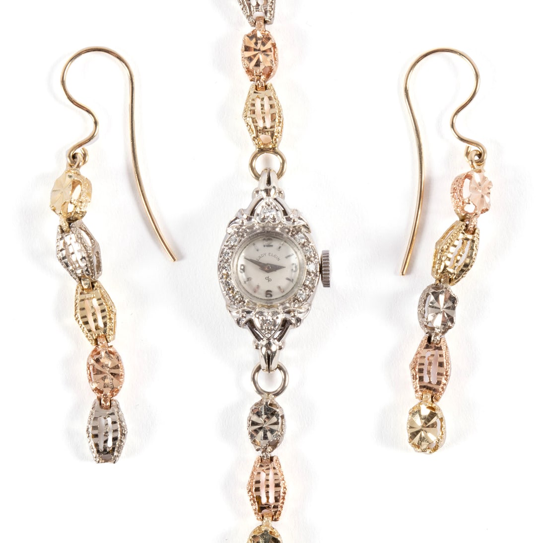 LADY ELGIN TRI-GOLD WATCH AND EARRINGS (1 of 14)