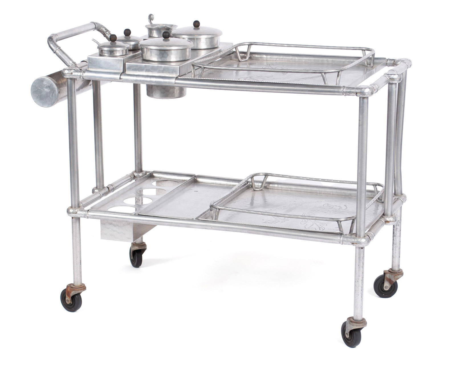 RAYMOND LOEWY & MARY WRIGHT FOR EVERLAST PATIO CART: RAYMOND LOEWY & MARY WRIGHT FOR EVERLAST PATIO CARTAmerican, 1940s, aluminum. Hand-wrought and tubular construction with lift-out trays of foliate motifs designed by Mary Wright (wife of Russel Wright
